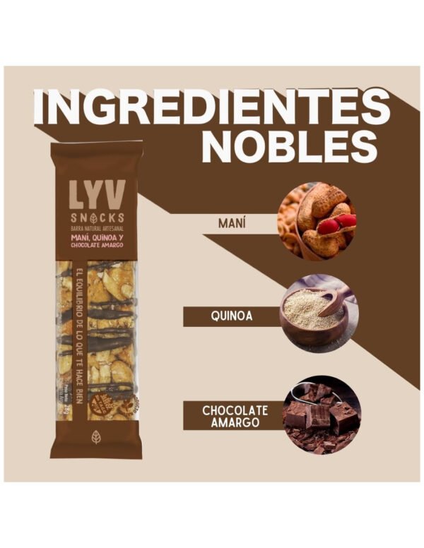 Lyv Snacks – Caja x18 barras artesanales de maní, quinoa y choco amargo (28g c/u) - Imagen 2