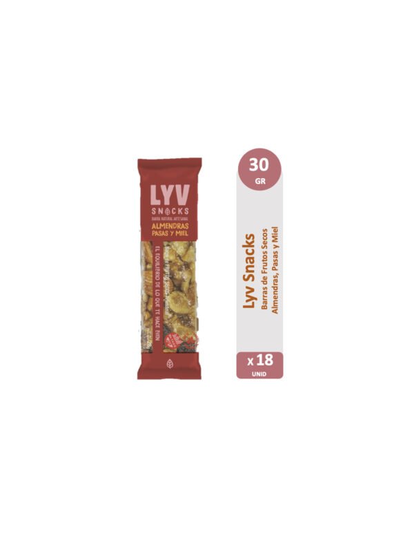 Lyv Snacks – Caja x18 Barras Artesanales de Almendras y Pasas (28g c/u)