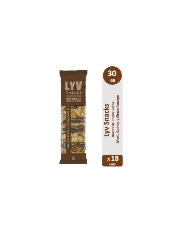 Lyv Snacks – Caja x18 barras artesanales de maní, quinoa y choco amargo (28g c/u)