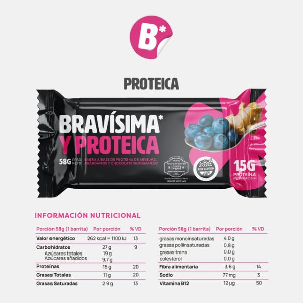 Barrita Proteica Bravísima 58 g – Cacao o Arándanos & Jengibre x 12 - Imagen 3